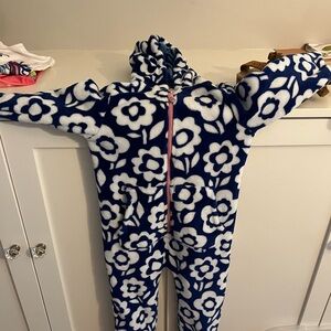 Mini Boden Blue and White Fleece Footies with Hood